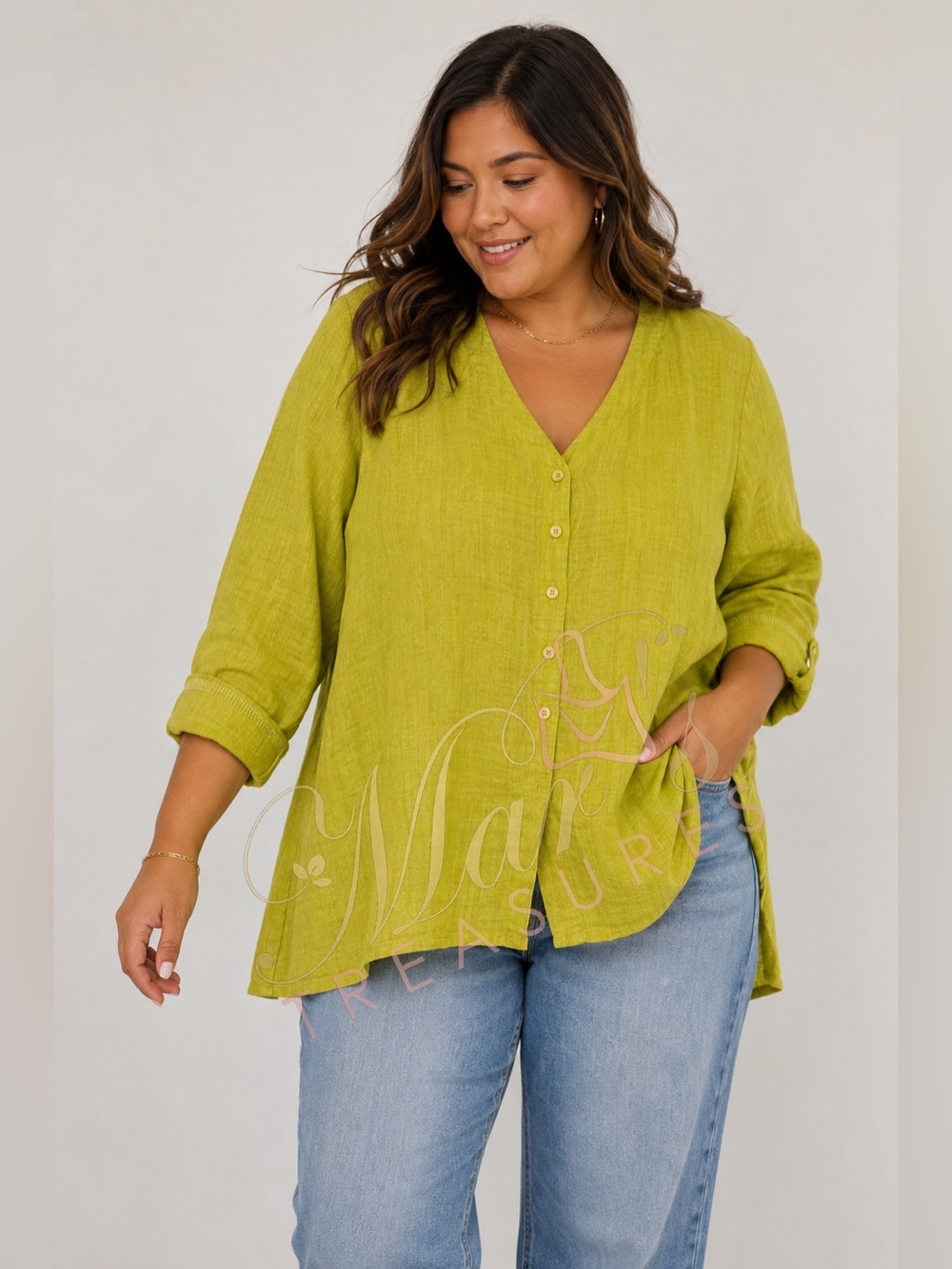 Flax Linen Top in Bright Chartreuse 100% Linen Button Up Top Sz 2G 22 24